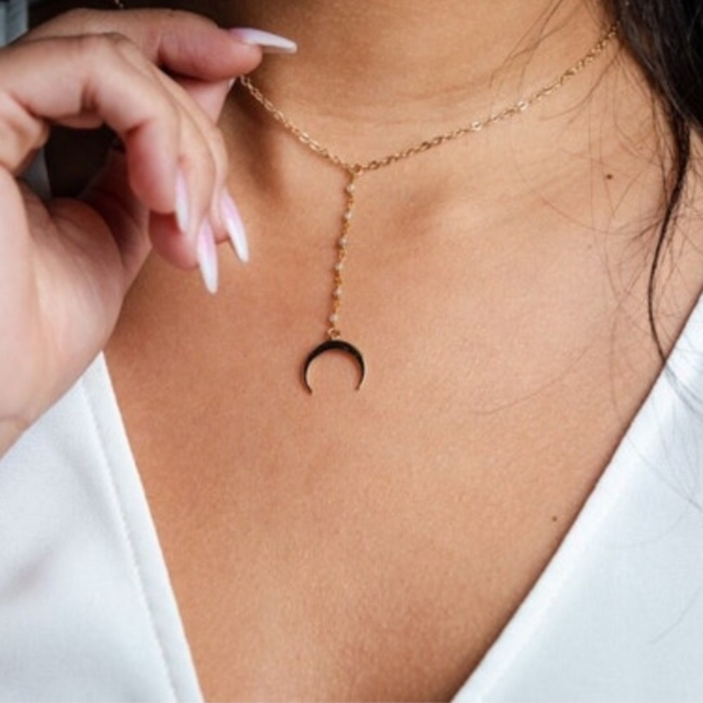 Delicate Moon Goddess Crescent Lariat Necklace